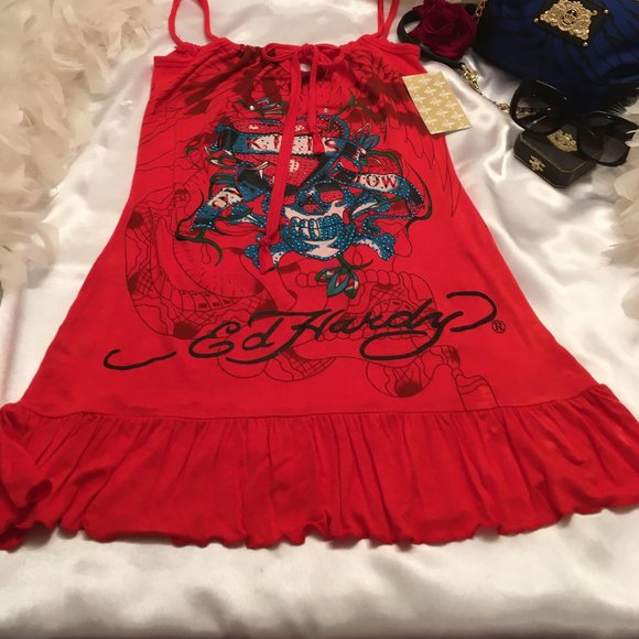 Ed Hardy Dresses & Skirts - RARE FIND! gorgeous vintage brand new, Ed HARDY dress with graphics and crystals